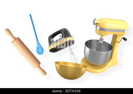 Baking tools including a stand mixer, hand mixer, wooden spoon, and rolling pin isolated on white background, concept of cooking. Stock Photo