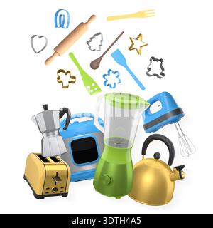 Various kitchen appliances and wooden baking utensils with cookie cutters isolated on white background, representing cooking essentials. Stock Photo