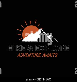 A stylized design featuring a bold orange sun rising behind sharp, white mountain peaks. The text Hike Explore is prominent, with Adventure Awaits Stock Vector