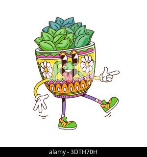 Cartoon groovy potted plant character with smile Stock Vector