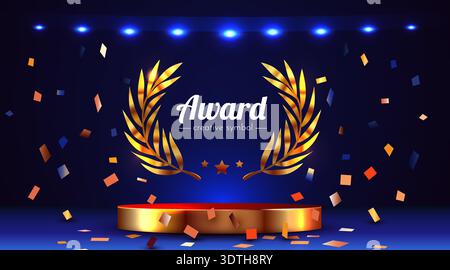 Golden award podium with laurel wreath and falling confetti, ideal for celebration and recognition. Vector illustration. Stock Vector