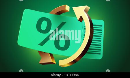 Cashback or discount program with green card and golden arrow, depicting loyalty rewards or return offers. Vector illustration. Stock Vector