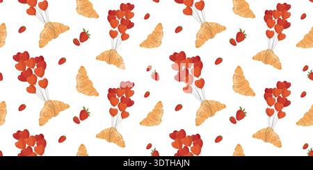 Romantic seamless pattern with croissants, strawberries and hearts vector Stock Vector
