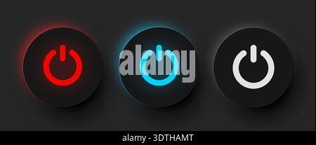 Set of three neumorphism power buttons with glowing effects on a dark background. Modern user interface concept. Vector illustration Stock Vector