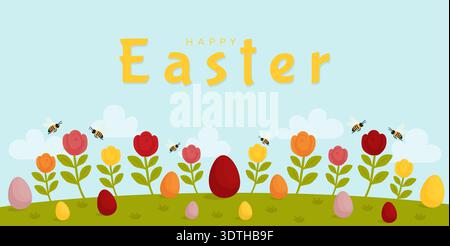 Happy Easter banner with eggs flowers and bees on spring meadow vector illustration. Stock Vector