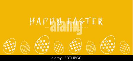 Happy Easter greeting banner with eggs and text on yellow background vector illustration. Stock Vector