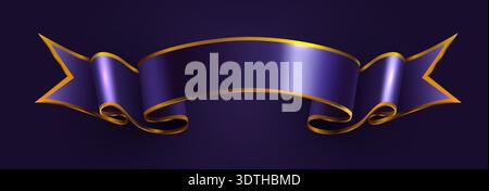 Elegant shiny purple ribbon banner with golden trim on a dark background. Vector illustration. Stock Vector