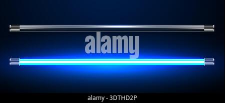 Realistic glowing blue fluorescent light tube with an unlit one on a dark background. Vector illustration Stock Vector