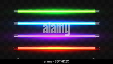 Four vibrant glowing neon light tubes, featuring green, blue, purple, and red colors on a transparent background. Vector illustration Stock Vector