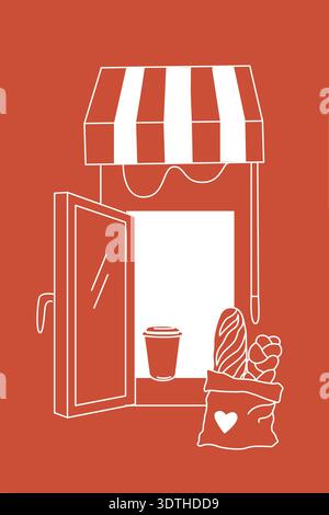 Hand-drawn bakery or cafe poster, card or menu cover, bakery shop branding, bread loaves and takeaway coffee and storefront Stock Vector