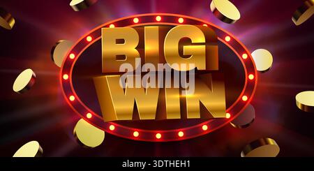 Golden Big Win Text with Glowing Frame and Falling Coins on a dark, vibrant background. Vector illustration. Stock Vector