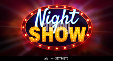 Retro Night Show sign with glowing marquee lights and neon text. This vibrant design is perfect for entertainment. Vector illustration Stock Vector