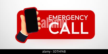 Hand holds a smartphone for an emergency call. A red banner highlights the urgent communication. Vector illustration. Stock Vector