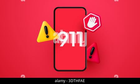 Urgent emergency call 911 displayed on a smartphone with prominent warning signs. Vector illustration. Stock Vector