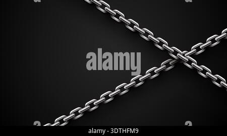 Realistic metal chains crossing on a dark background. Strong and secure link concept. Vector illustration. Stock Vector