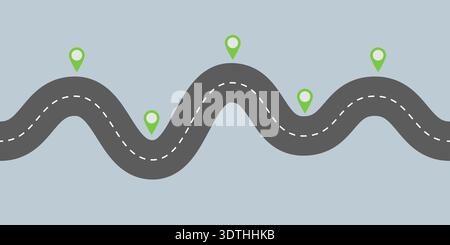 Vector illustration of curve winding asphalt road with pins Stock Vector