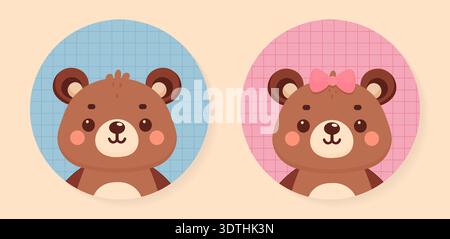 Cute teddy bear couple boy and girl portraits vector illustration. Stock Vector