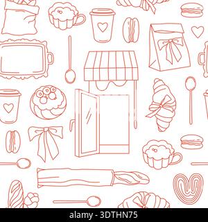 Hand-drawn seamless pattern for French bakery branding and packaging, pastry and coffee and bread in line art style Stock Vector