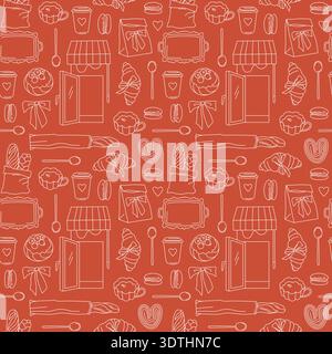 Hand-drawn seamless pattern for French bakery branding and packaging, pastry and coffee and bread in line art style on red  Stock Vector