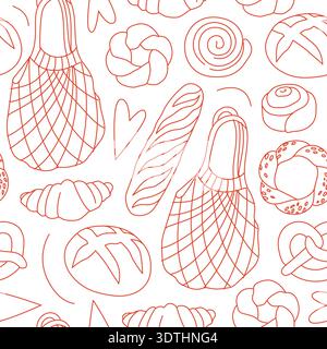 Hand-drawn seamless pattern made of bread loaves and pastry for bakery branding and packaging and backgrounds in line art style Stock Vector