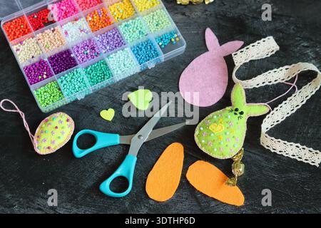 Easter decoration, bunny, eggs and ribbon Stock Photo
