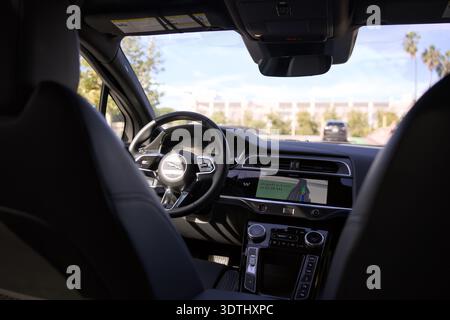 Rear seat view inside robotaxi in Beverly Hills on 27 November 2025 Stock Photo