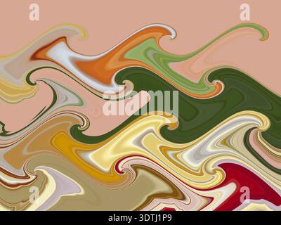 A vibrant, abstract swirling background with flowing, marble-like waves in earth tones such as green, orange, gold, and cream. Ideal for contemporary Stock Photo