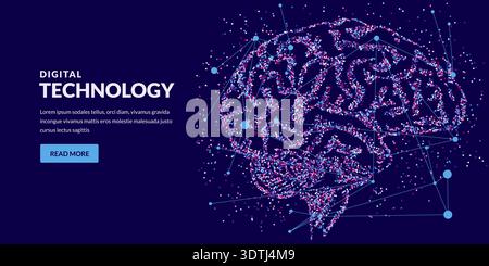 Human brain made from dots on black background. Abstract neural network concept with digital connections. Vector illustration. Design for medical, sci Stock Vector