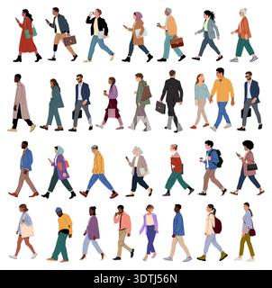 Bundle of diverse individuals walking in profile Stock Vector
