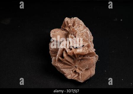 Desert rose gypsum mineral specimen photographed on black fabric, warm brown petals, sand-like crystal texture, isolated macro product shot. Stock Photo