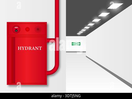 Fire Hydrant Box on Wall in the Building. Red Fire Hydrant. Vector Illustration. Stock Vector