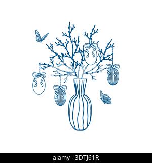 Easter eggs with bows hanging on branches in a vase. Fluttering butterflies. Hand drawn vector illustration in line art style. Monochrome clip art for Stock Vector