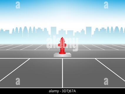 Red Fire Hydrant in Parking Lot. Vector Illustration. Stock Vector