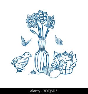 Easter chick standing next to a vase of daffodils, Easter cake, decorated eggs and flying butterflies. Hand drawn vector illustration for greeting car Stock Vector