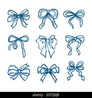 Set of various types of bows, gift ribbons. Hand drawn vector illustration of hair accessories in line art style. Monochrome clip art for cards, packa Stock Vector
