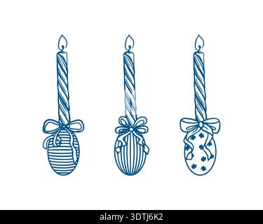 Easter candles with bows on decorated eggs. Hand drawn vector illustration in line art style. Monochrome clip art for greeting cards, invitations and Stock Vector