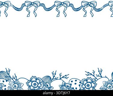 Easter frame with bows, ribbons, decorated eggs and flowers. Template for text insertion. Hand drawn vector illustration in line art style for greetin Stock Vector