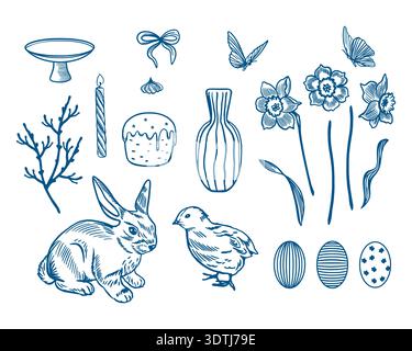 Easter set with a bunny, chick, daffodils, decorated eggs, butterflies and a candle. Hand drawn vector illustration in line art style for greeting car Stock Vector