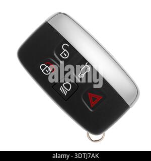 A close-up of a car key fob with a chrome cover and buttons with simple icons on a white background. Professional high-resolution studio photography. Stock Photo