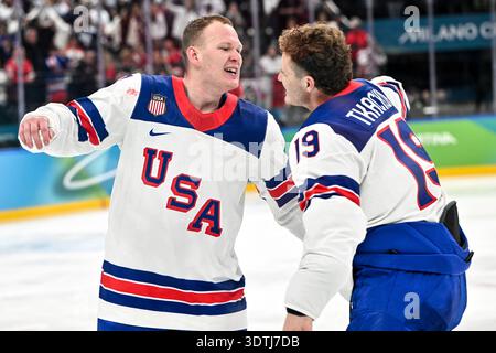 United States' Brady Tkachuk (7) and Matthew Tkachuk (19) celebrate ...