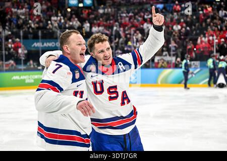 United States' Brady Tkachuk (7) and Matthew Tkachuk (19) celebrate ...