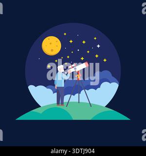 Flat vector illustration of a senior man looking at the night sky through a telescope on a hill with moon and stars Stock Vector