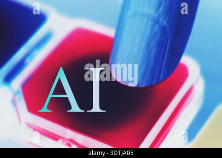 High-resolution conceptual image of a robotic hand pressing a button labeled “AI,” symbolizing artificial intelligence activation, automation, and sma Stock Photo
