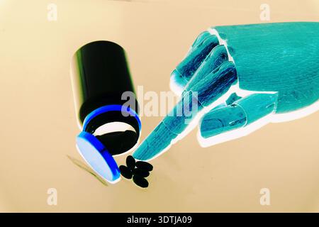artificial intelligence, AI healthcare, robotic hand, robot arm, medicine bottle, pill container, pharmaceuticals, healthcare technology, digital medi Stock Photo