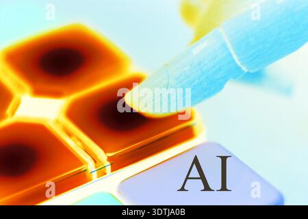 Conceptual image of a robotic hand pressing a button labeled “AI,” symbolizing artificial intelligence, automation, and smart decision-making. Stock Photo