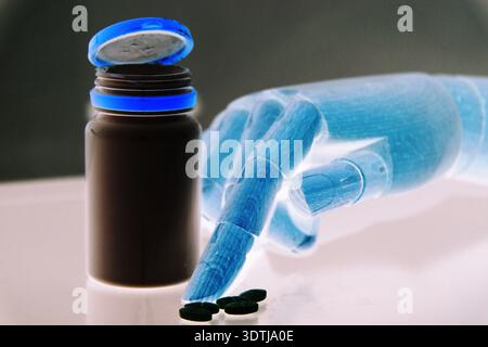 Close-up conceptual image of a robotic hand holding assorted medicine pills, illustrating the fusion of robotics and healthcare. Represents artificial Stock Photo