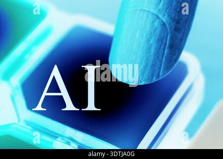 High-impact conceptual image of a robotic hand pressing a button labeled “AI,” representing artificial intelligence, automation, and innovative techno Stock Photo