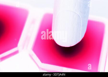 Creative conceptual image of a robotic hand pressing a pink button, symbolizing artificial intelligence, decision-making, activation, and automated co Stock Photo