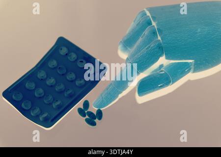 High-impact conceptual image of a robotic hand holding a medical pill, illustrating artificial intelligence transforming modern healthcare. Ideal for Stock Photo