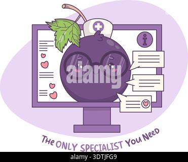 Doctor Blueberry on Computer with Chat Bubbles. Cute Kawaii Berry Currant Mascot Medical Character. Online Consultation Examination, healthcare Stock Vector